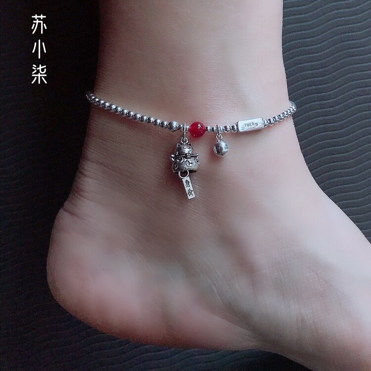 2022 pure silver pedicure S925 silver Merchants Cat Red Manau Sexy Ankle Chain Bell Bell Small Round Pearl Silver Decorated Foot Ring