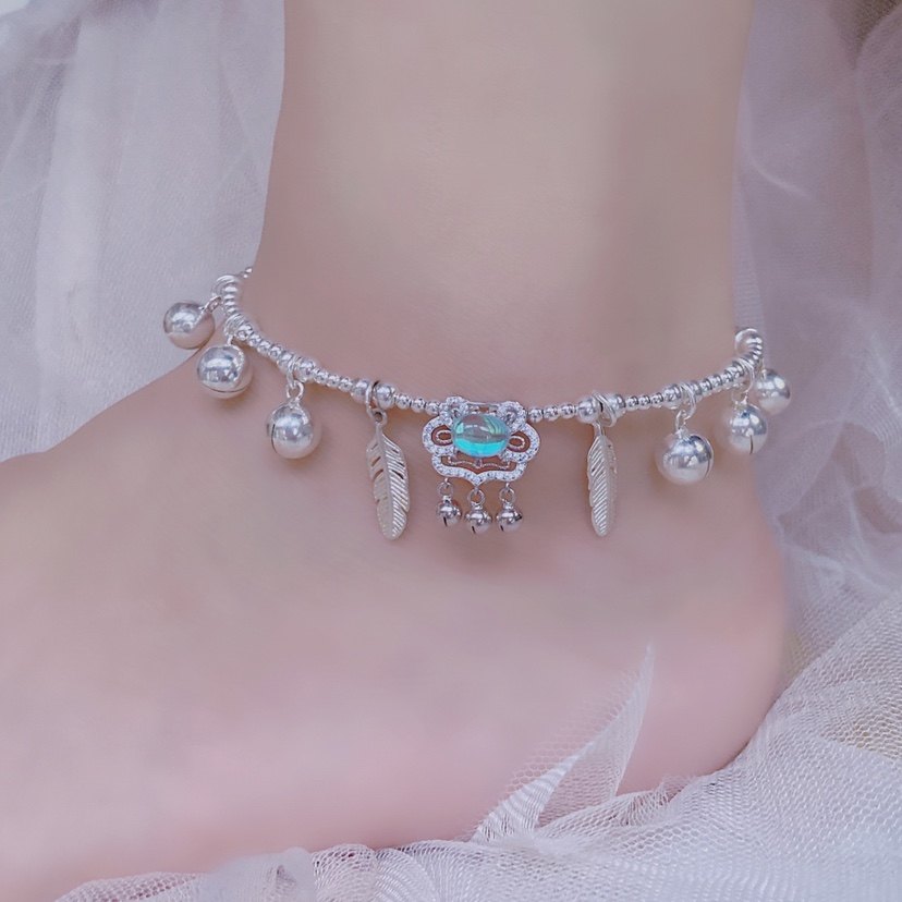 Superfairy light extravagant feather blue moon light safe lock 925 pure silver foot chain long life lock will ring the bell foot chain woman