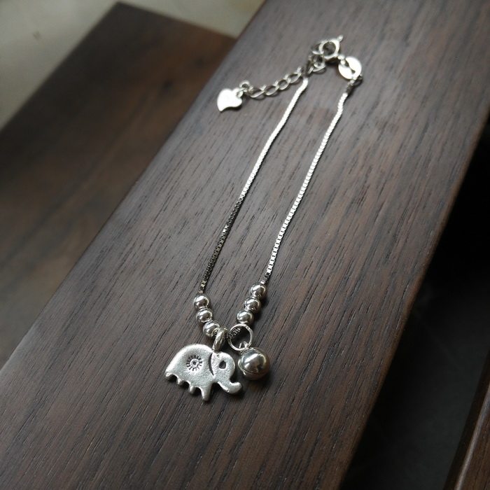Thailand Chiang Mai baby Elephant 925 sterling silver bracelet Cute little bell anklet Lucky Elephant Female vintage silver gift