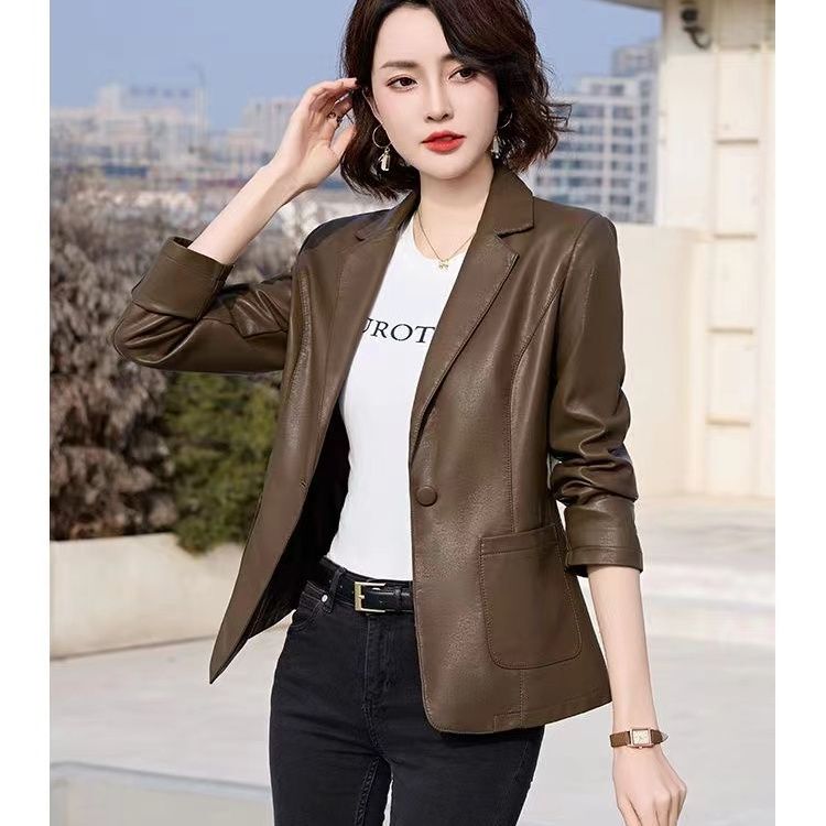 Women's Leather Jacket 2025 New Popular Style Spring and Autumn Haining Korean Version Slim Fit Small Size Suit Collar Jacket