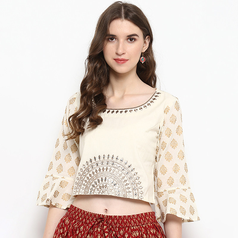 India imported women's national style cropped sleeve gilded embroidery top cotton embroidery comfortable breathable dance tourism