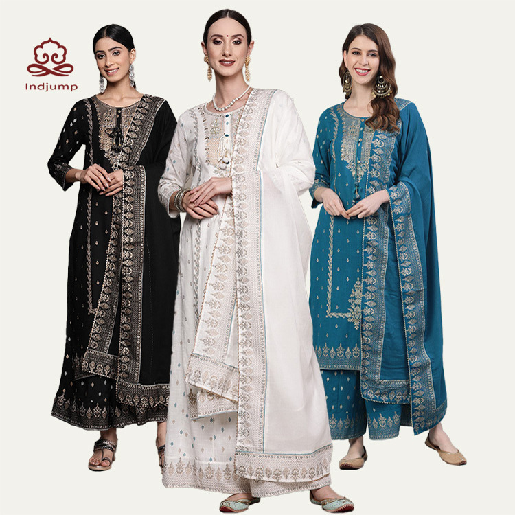 India Imported Traditional Women's Clothing with Ethnic Style, a 3-Piece Set of Mid-Length Cotton Printed Three-Quarter Sleeves