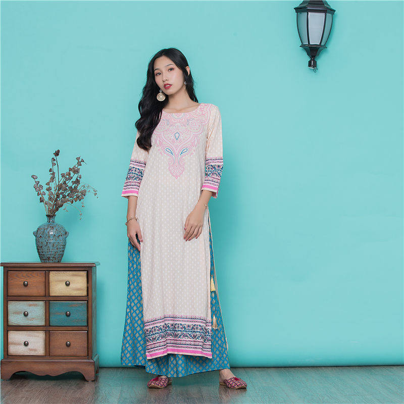 Savage trinkets Indian clothing women light pink printing pure cotton national wind traditional three-point sleeve top spring and summer