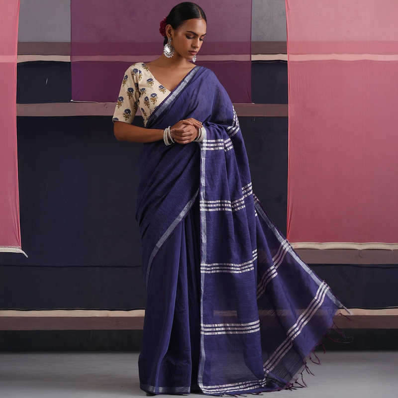 Indian Traditional Saree New Style Exotic Performance Party Print High-Quality Dark Blue Cotton Linen Annual Meeting Festival