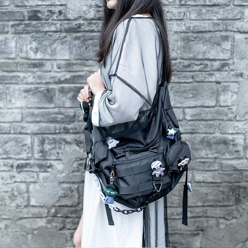 Yaxiaoqi Original Dark Style Handmade Black Canvas Crossbody Bag for Women, Summer Niche Casual Large Capacity for College Students
