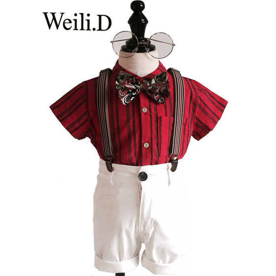 Boys' one-year-old red dress male baby birthday party flower girl stand-up collar short-sleeved shirt children's British style suit