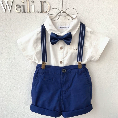 Летнее платье для мальчиков, детский комплект, рубашка, подтяжки, шорты, в британском стиле