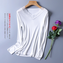 Autumn and winter silk knitted V-neck long sleeve base shirt lace lace mulberry silk slim slim fit top shirt Women
