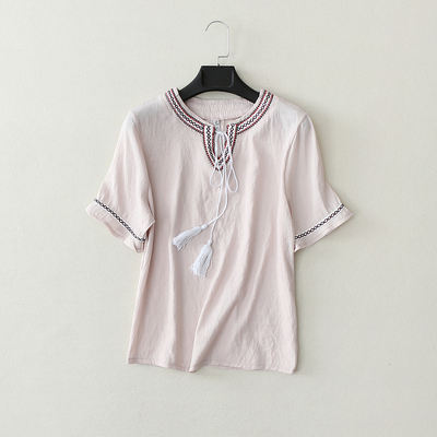 【 Clearance 】 Japanese-style artistic and simple V-neck tassel tie summer thin embroidered short-sleeved top for women