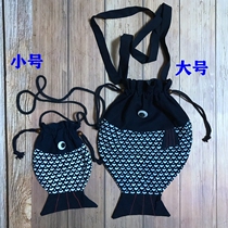 Wuzhen blue printed cloth drawstring knot small fish bag children oblique cross bag batik Japanese carp cloth small backpack
