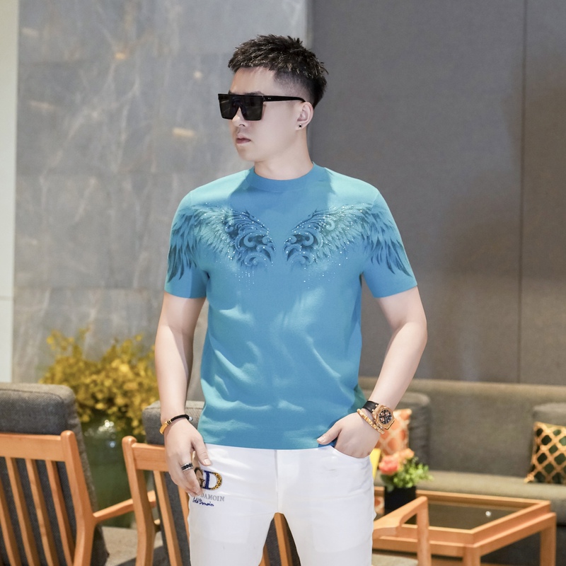 2026 Trendy Brand Autumn New Men's Wing Pattern Round Neck Short-Sleeved Knit Sweater Slim Fit Trendy Sweater Gl1501