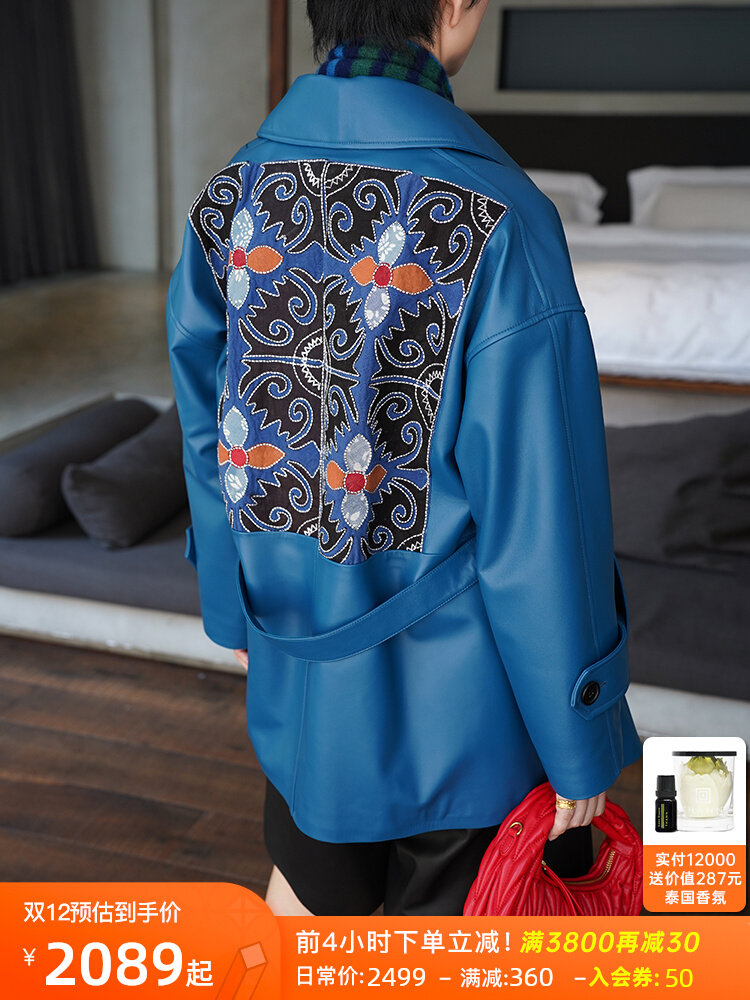 Hand embroidery New Zealand imported sheepskin motorcycle suit British retro street mid-length leather jacket