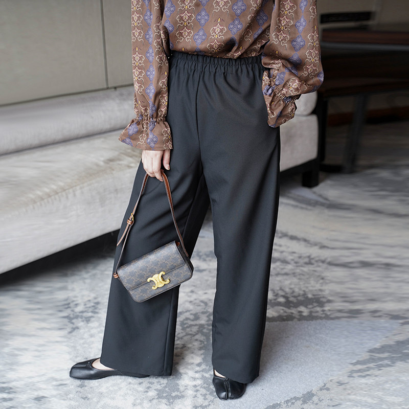 Elegant elastic waist high waist high waist casual pants black 100 lap wool straight drum pants