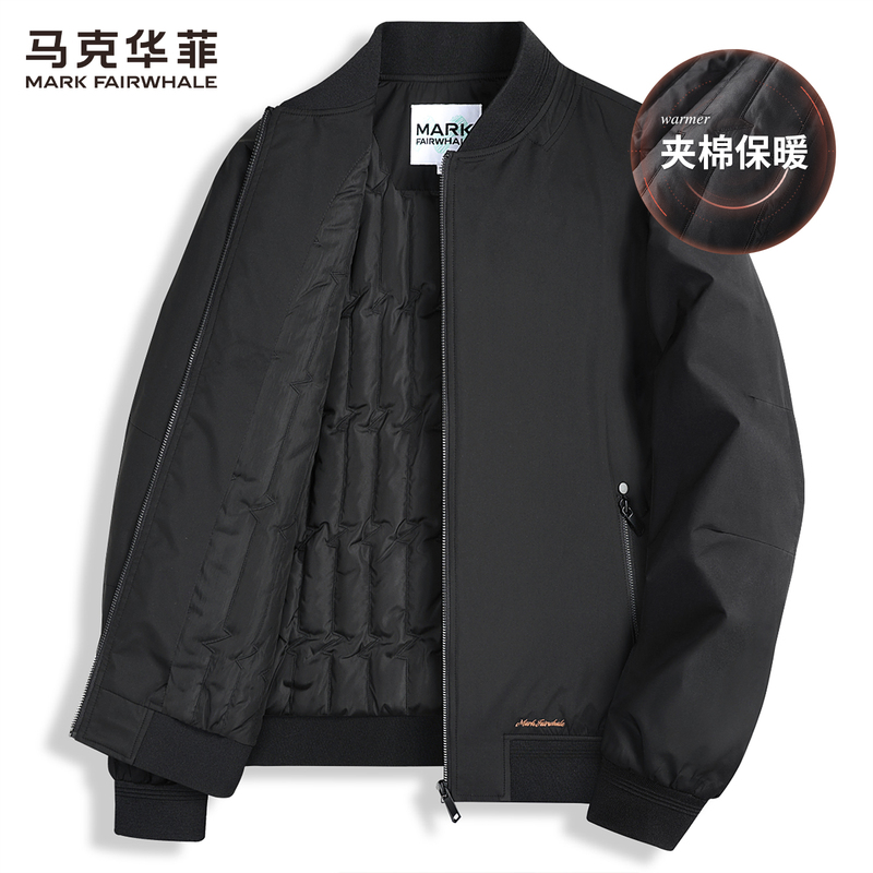Mark Fairwhale Padded Baseball Collar Jacket for Men, Popular Autumn and Winter Style, Pilot-Style Solid Color Commuter Casual Windproof Coat