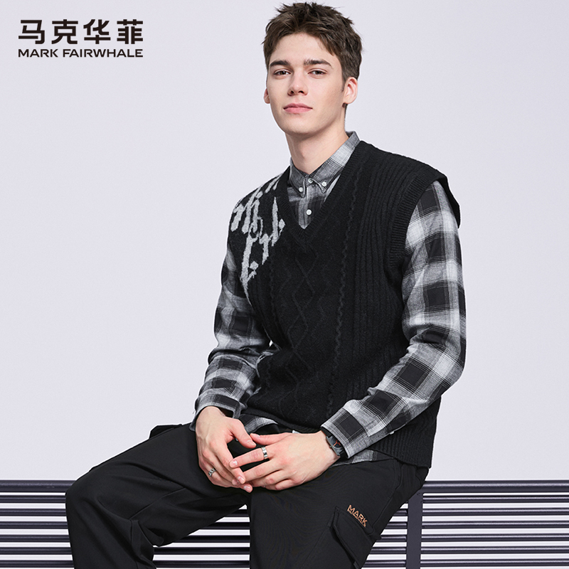 Mark Hua Fei Warm Jacquard Wool Blend Men's Sweater 2025 Autumn and Winter New Style Vest V-Neck Knitted Vest