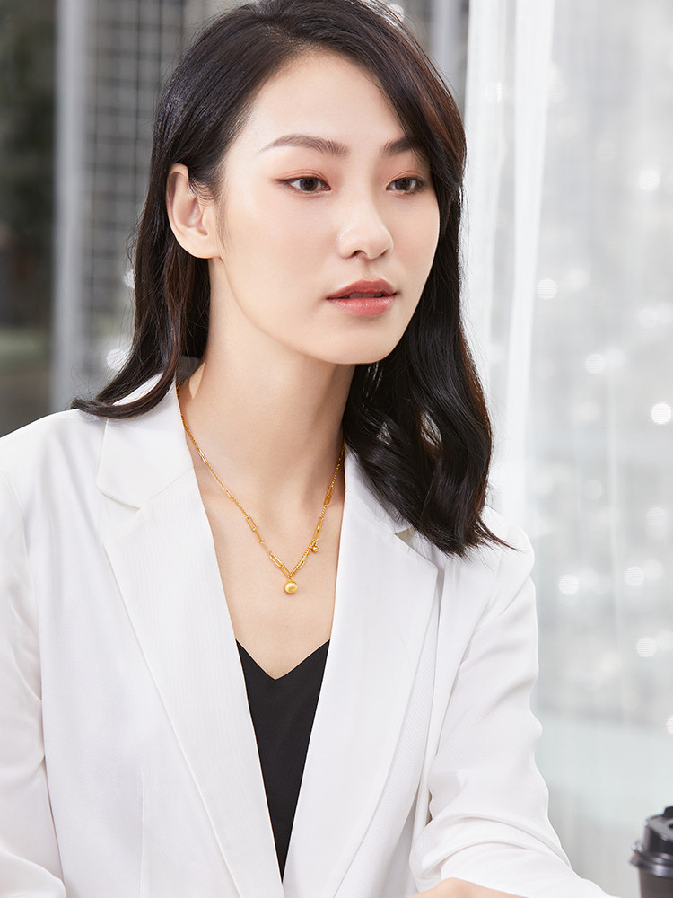 六福珠宝有球币应黄金项链女小金球吊坠光影金套链计价GJGTBN0003【联系客服补货】