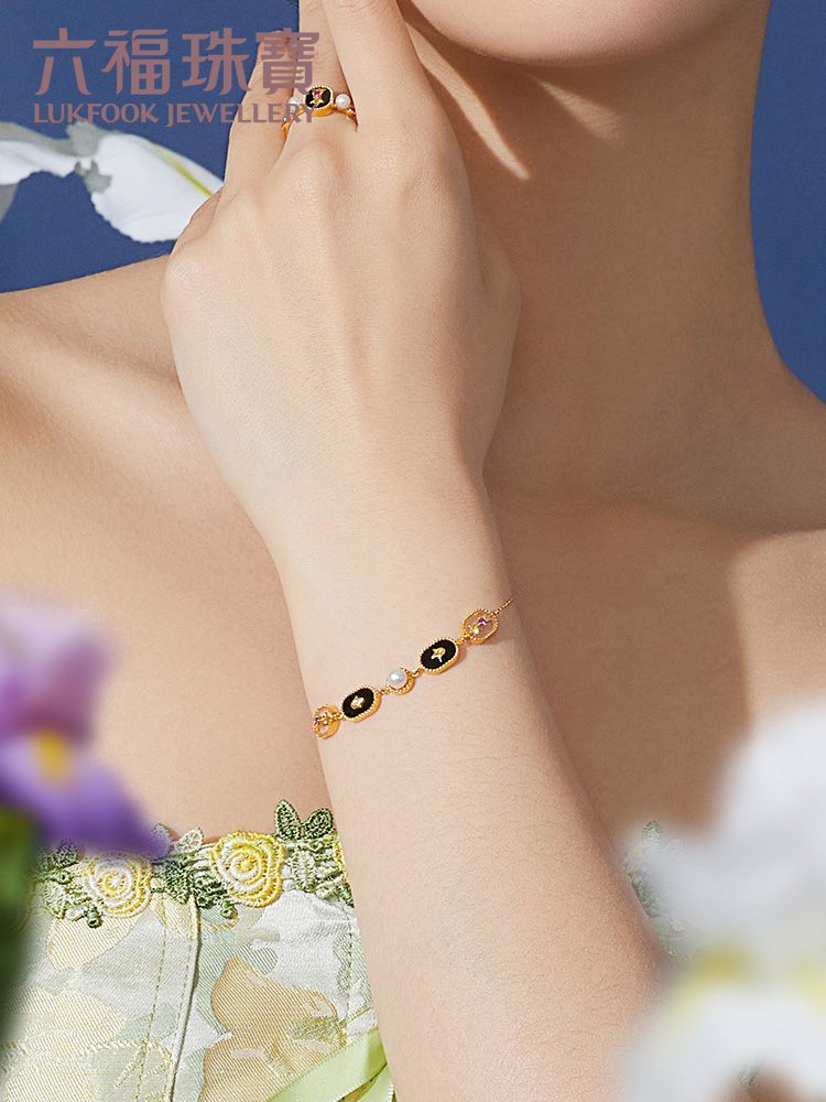 六福珠宝18k金黑玉髓手链几何红宝石珍珠手链女定价cMDSKB0014Y【联系客服补货】