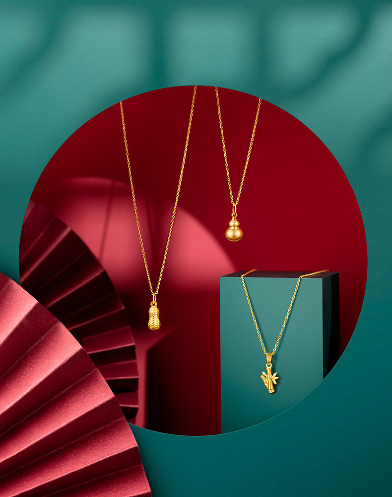 六福珠宝节节高升黄金项链吊坠女竹节挂坠不含链计价G01G0029DS