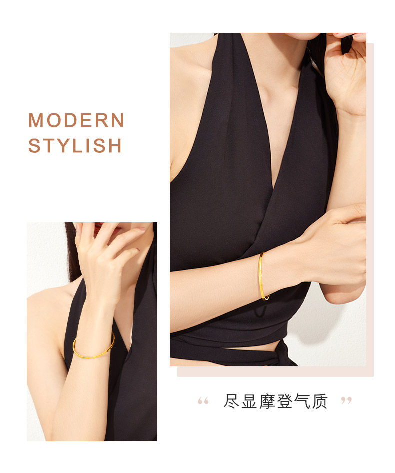 六福珠宝光影金系列纹路素圈足金镯子5G黄金手镯女计价HIGTBB0005