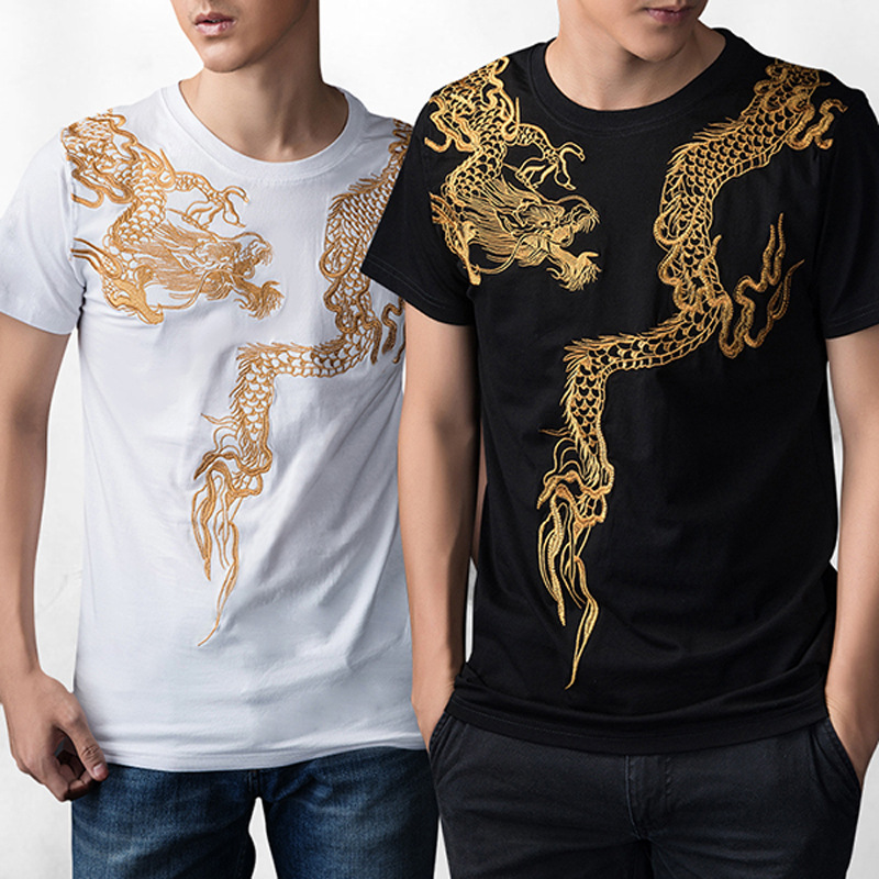 Chinese Style Dragon Robe Embroidery Men's Clothing Tattoo Short-Sleeve Ethnic Style T-Shirt Large Size Middle-Aged Round Neck Trendy Brand Half-Sleeve