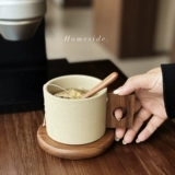 Homeside Средневековая кофейная чашка из грубой керамики с ручкой из цельного дерева, подставка для кофе латте, керамическая кружка, чашка для воды