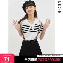 (Mall Same Style) Lecho 2022 New Spring Navy Stripe Jumper V-Neck Bottoming Shirt