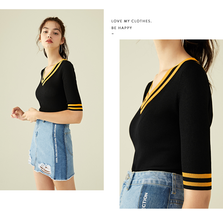 Lecho 2018 hè phong cách mới tay áo sọc cổ chữ V phần dệt kim chạm đáy áo chic chic áo sơ mi nữ mùa thu gile len
