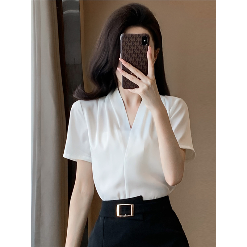 Chiffon Short-Sleeved White Shirt for Women Summer Thin 2025 Suit with Interview Professional Formal V Neck Shirt Top