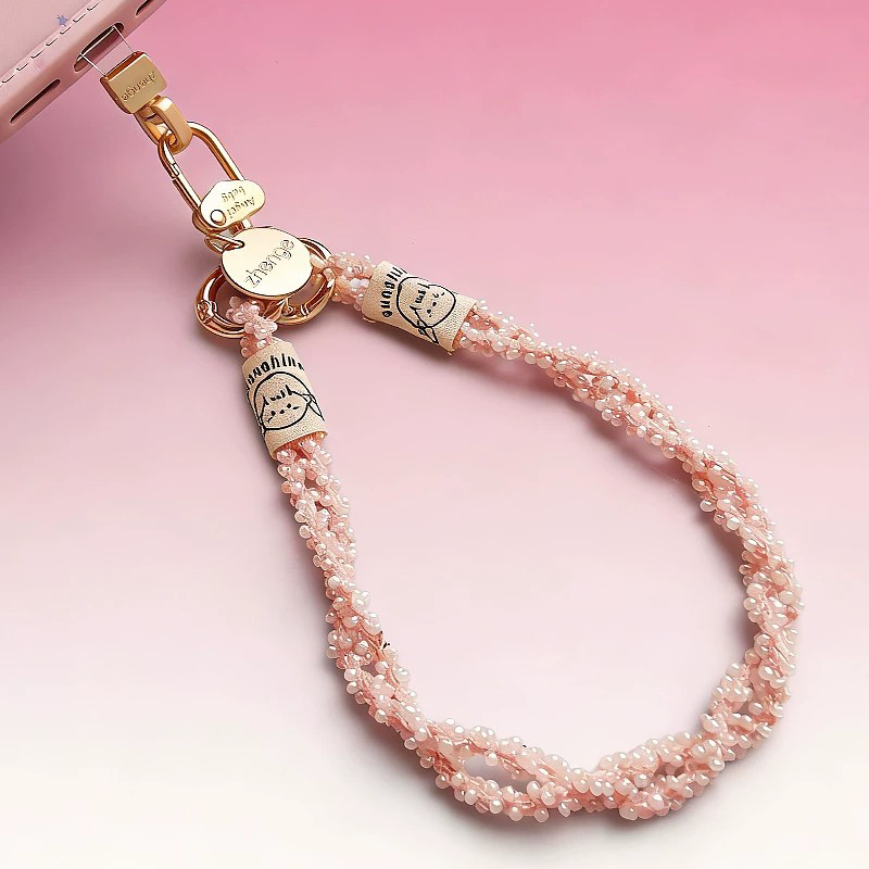 French Lulu Goya Fun Little Chanel-Style Pearl Small Bead Double Chain Woven Phone Lanyard Pink Keychain French Lulu Goya Fun Little Chanel-Style Pearl Small Bead Double Chain Woven Phone Lanyard Pink Keychain