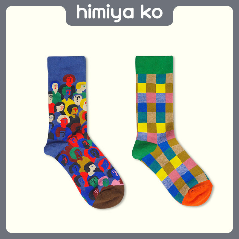 French designer Small Human Head Plaid Personality Fashion Tide Pure Cotton Midbarrel Socks for men and women Spring Summer socks