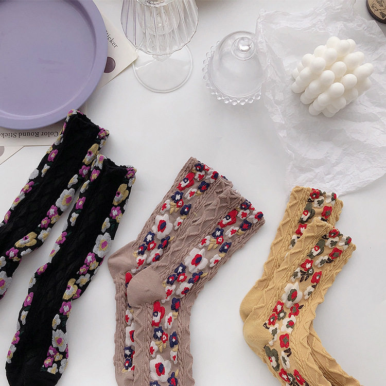 Socks Women in Silo Stocking Four Seasons New cotton Korean version Crushed Flowers Stereo cotton Sox Songkou Lolita Long socks