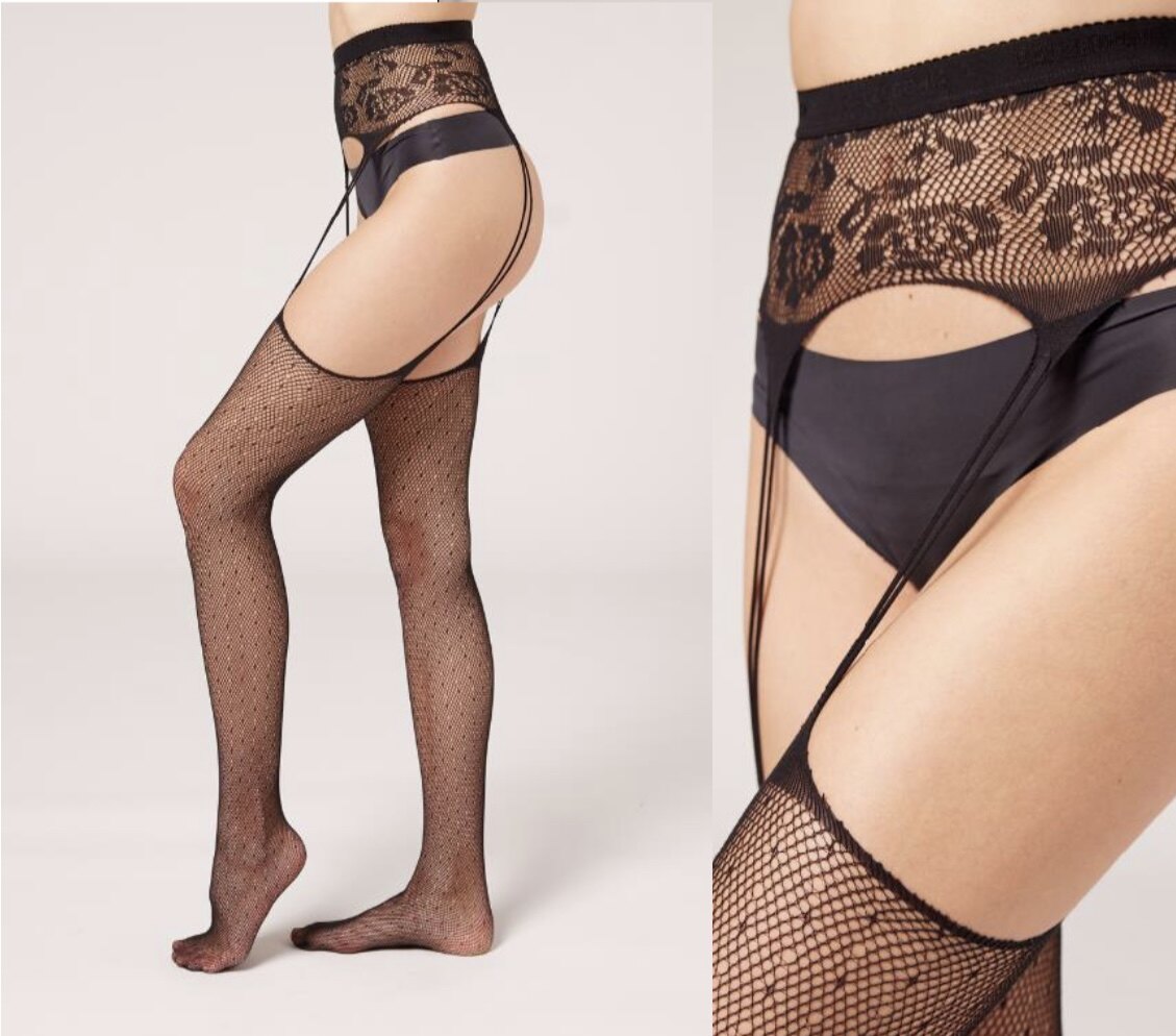 колготки / чулки дна calzedonia24情人节限定系列 新款女士黑色吊袜 爱心扣透肉蕾丝