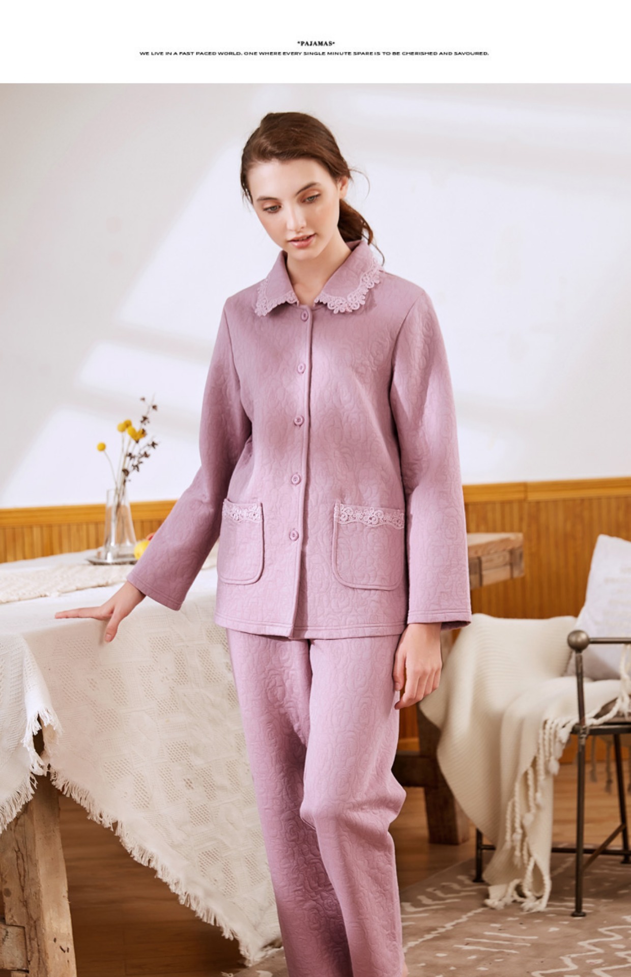 Bộ đồ ngủ ba lớp theo tiêu chuẩn Mỹ của phụ nữ mùa thu và mùa đông dày nhiều lớp cotton ấm áp dài tay cotton phù hợp với dịch vụ nhà pijama ngắn tay