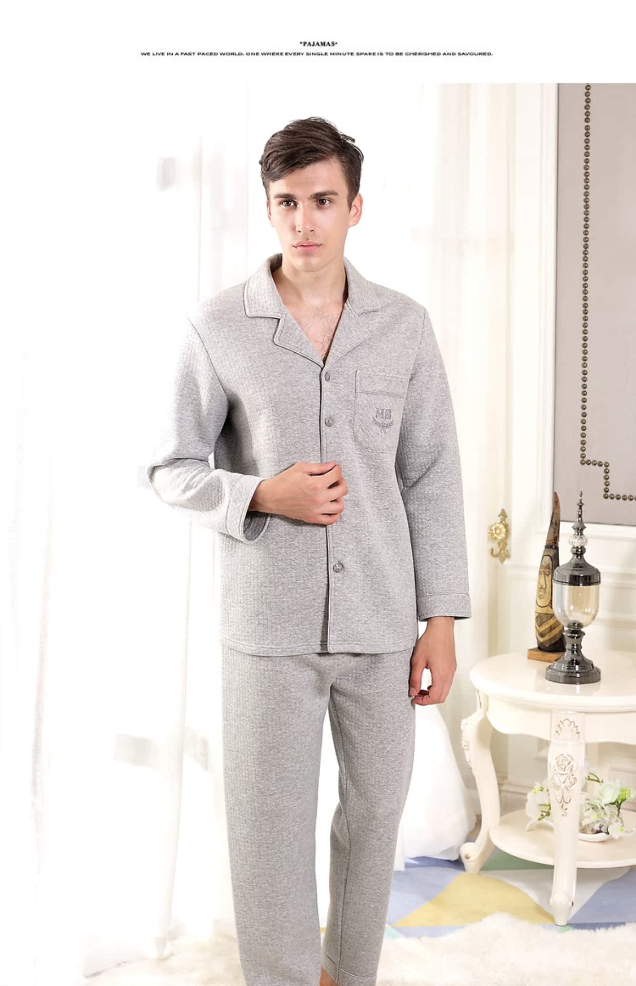 Bộ đồ ngủ cotton dài tay tiêu chuẩn của Mỹ thiết lập cho nam mùa thu và mùa đông nhiều lớp ấm áp có thể được mặc bên ngoài dịch vụ chăn bông quần áo ngủ nữ