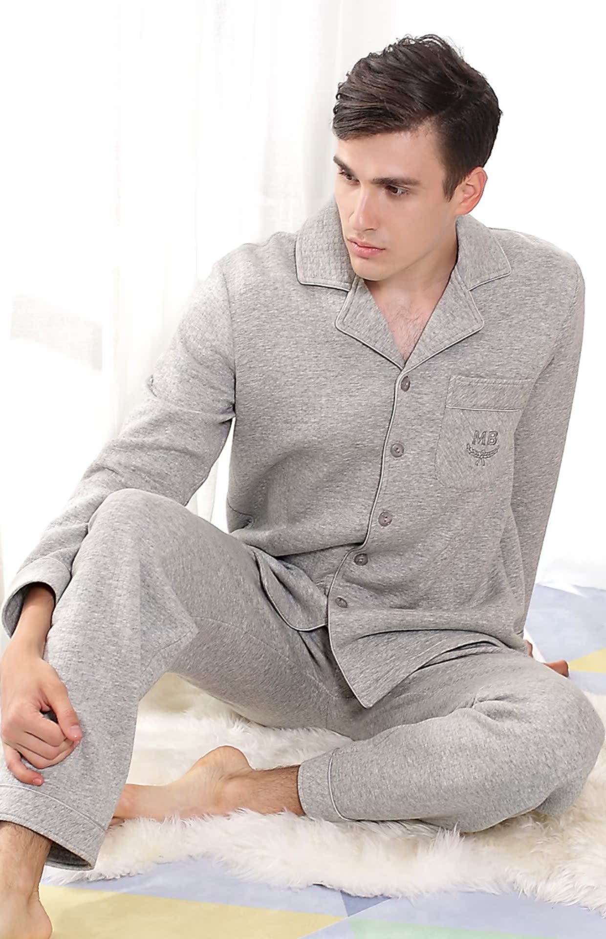 Bộ đồ ngủ cotton dài tay tiêu chuẩn của Mỹ thiết lập cho nam mùa thu và mùa đông nhiều lớp ấm áp có thể được mặc bên ngoài dịch vụ chăn bông quần áo ngủ nữ