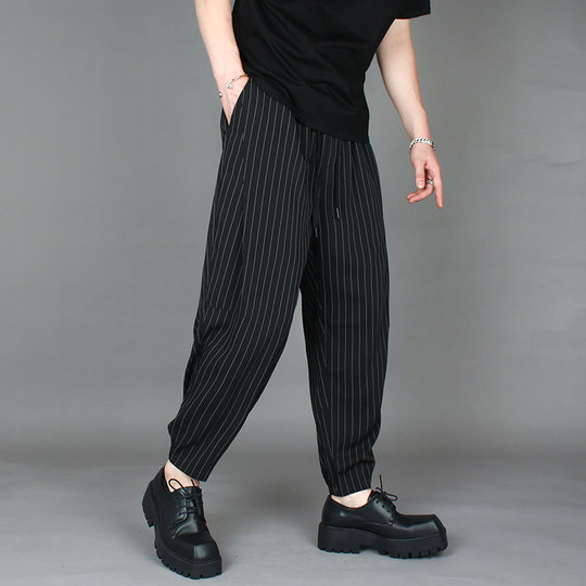 Trendy brand autumn and winter printed striped ice silk thin material ninth pants