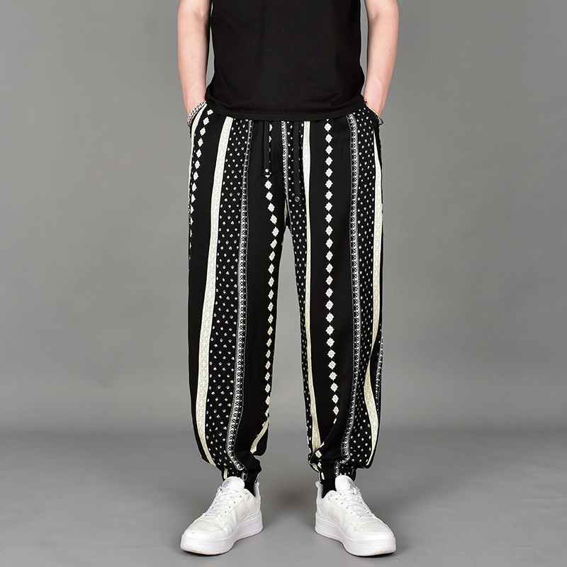 Summer New Thin Drapey Casual Cropped Pants for Men, Hairstylist Trendy Brand Printed Striped Loose Jogger Harem Pants