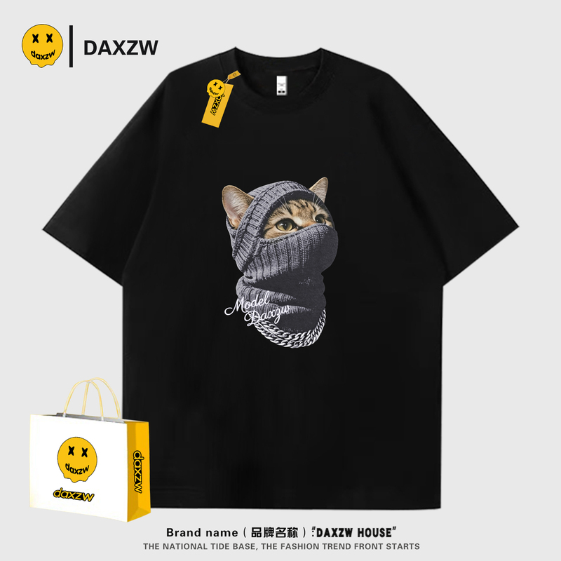 Daxzw Face Mask Cat Short-Sleeved T-Shirt for Men and Women, Loose and Stylish, Versatile Round Neck Pullover, Summer 2026