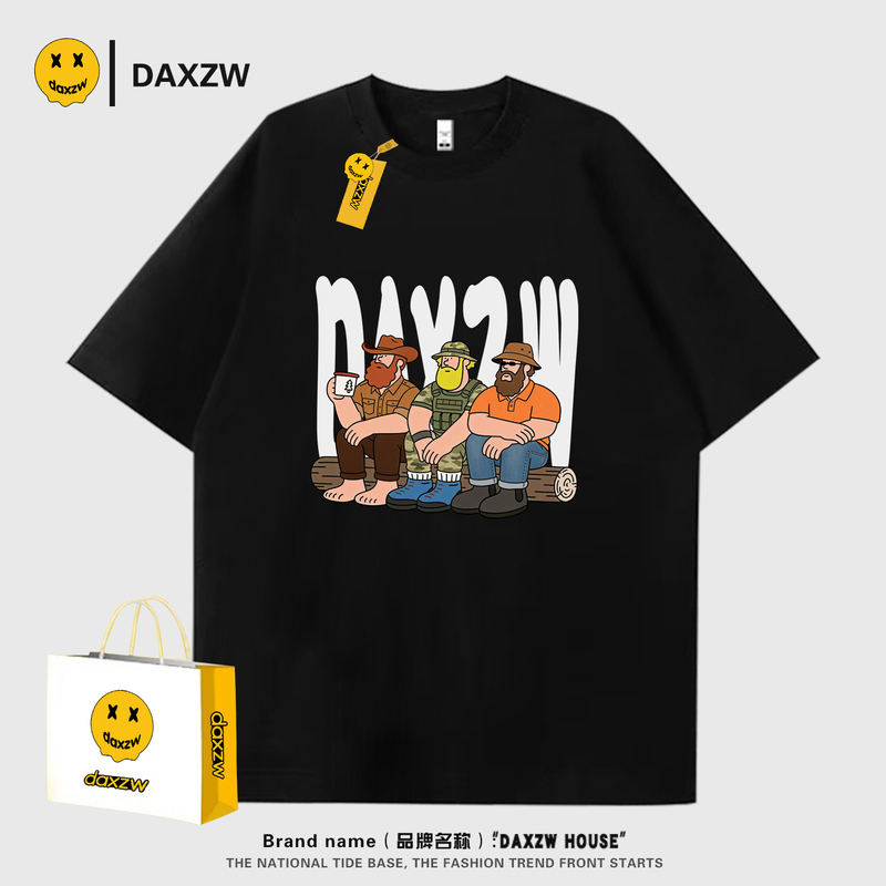 Daxzw American Style Trendy Brand Cartoon Print Short-Sleeve T-Shirt for Men and Women, Loose Fit, Couple's Round Neck Versatile Black Top for Summer