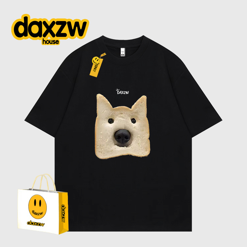 Daxzw American-Style Heavyweight Trendy Brand Fun Bread Dog Summer Crew Neck Loose Half-Sleeve Short-Sleeve T-Shirt Unisex