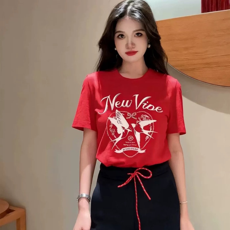 Authentic Short-Sleeved T-Shirt 2026 Spring New Cotton Double-Layer Flocking Print New Year Swallow Red Mbf1Teet16