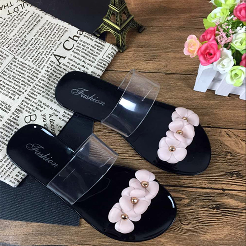 2017 mới trong suốt pha lê dép và dép nữ camellia flat từ dép nhựa non-slip giày bãi biển jelly