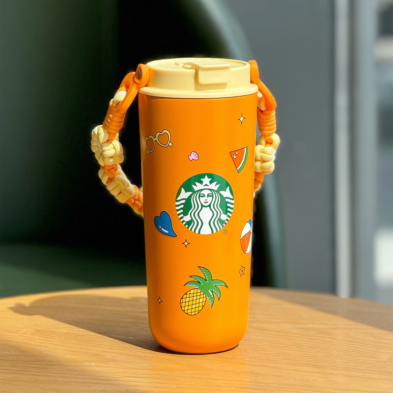 Starbucks Cup 2025 Tropical Style with Handle, Portable, Fresh and Simple, Large Capacity, Stainless Steel Double Drinking Mouth Travel Cup