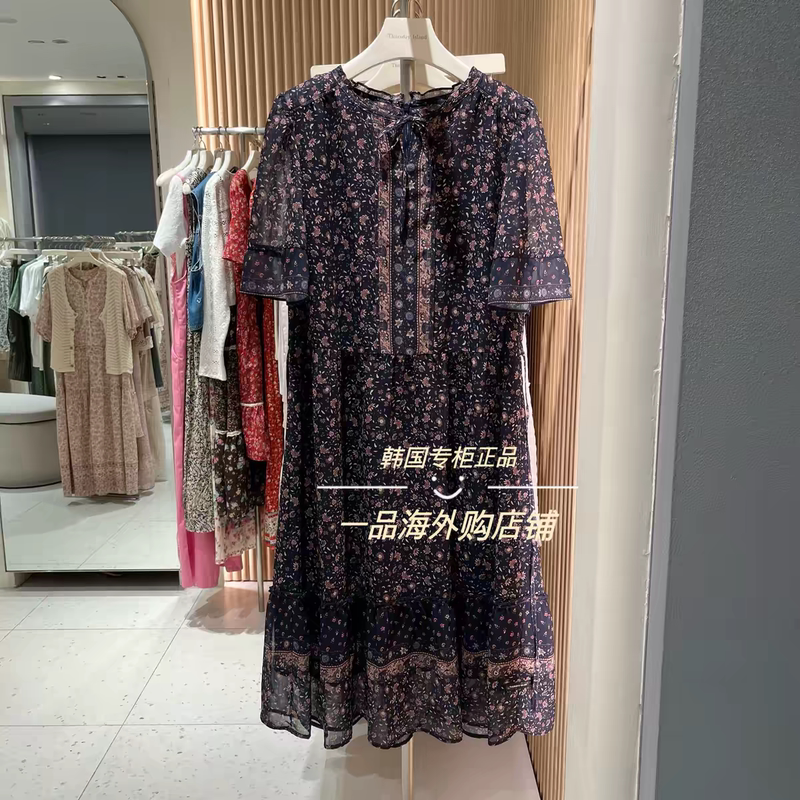 Special Offer Pure Korean Style Floral Island-Style Round-Neck Ruffled Loose Tie Slimming Short-Sleeve Dress