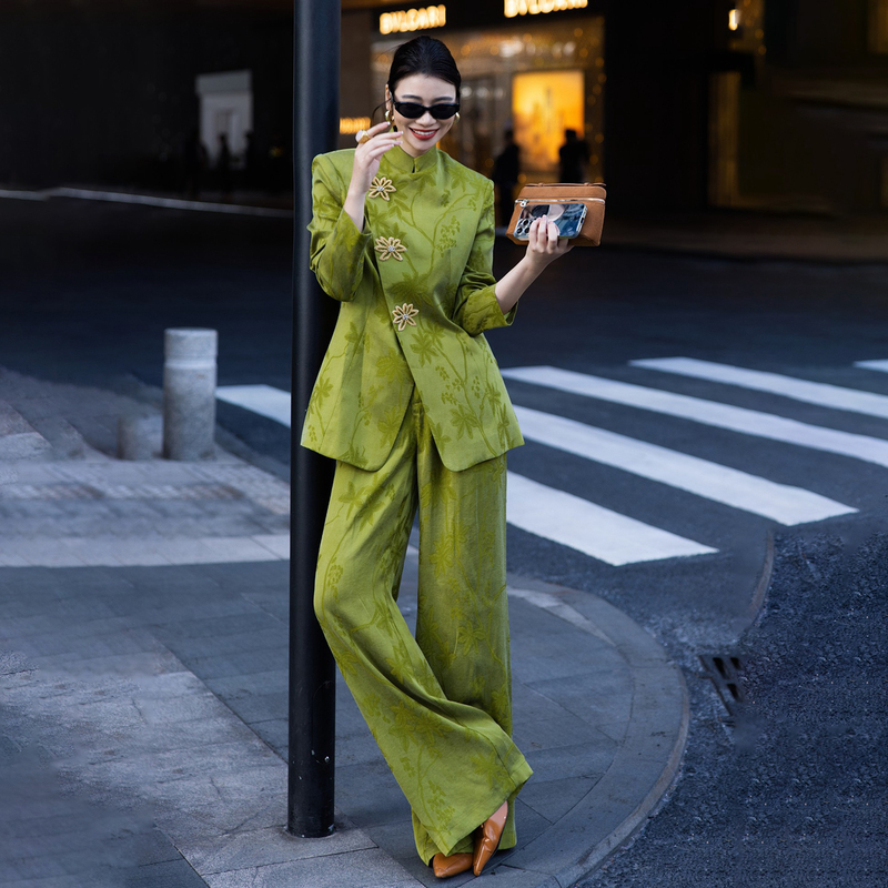 New Chinese Style Stand-Up Collar Copper Ammonia Silk Jacquard Suit for Women, Spring High-End Slim-Fit Wide-Leg Pants Two-Piece Set with Elegance