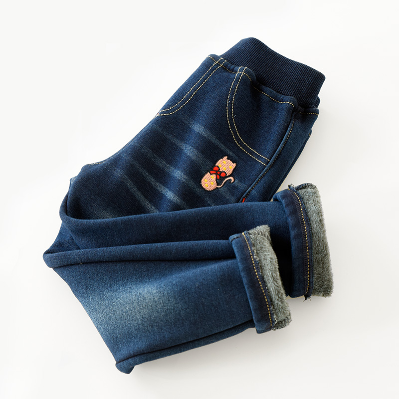 Trẻ em mềm mại và ấm áp cộng với quần jean giả nhung quần legging ấm mùa đông yếm jean cho bé gái