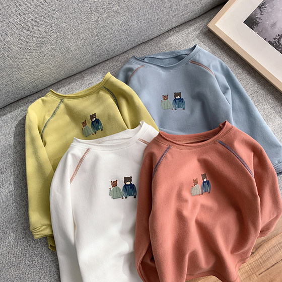 Children's pure cotton round neck long-sleeved sweater boys and girls raglan sleeves casual tops spring and autumn new clothes