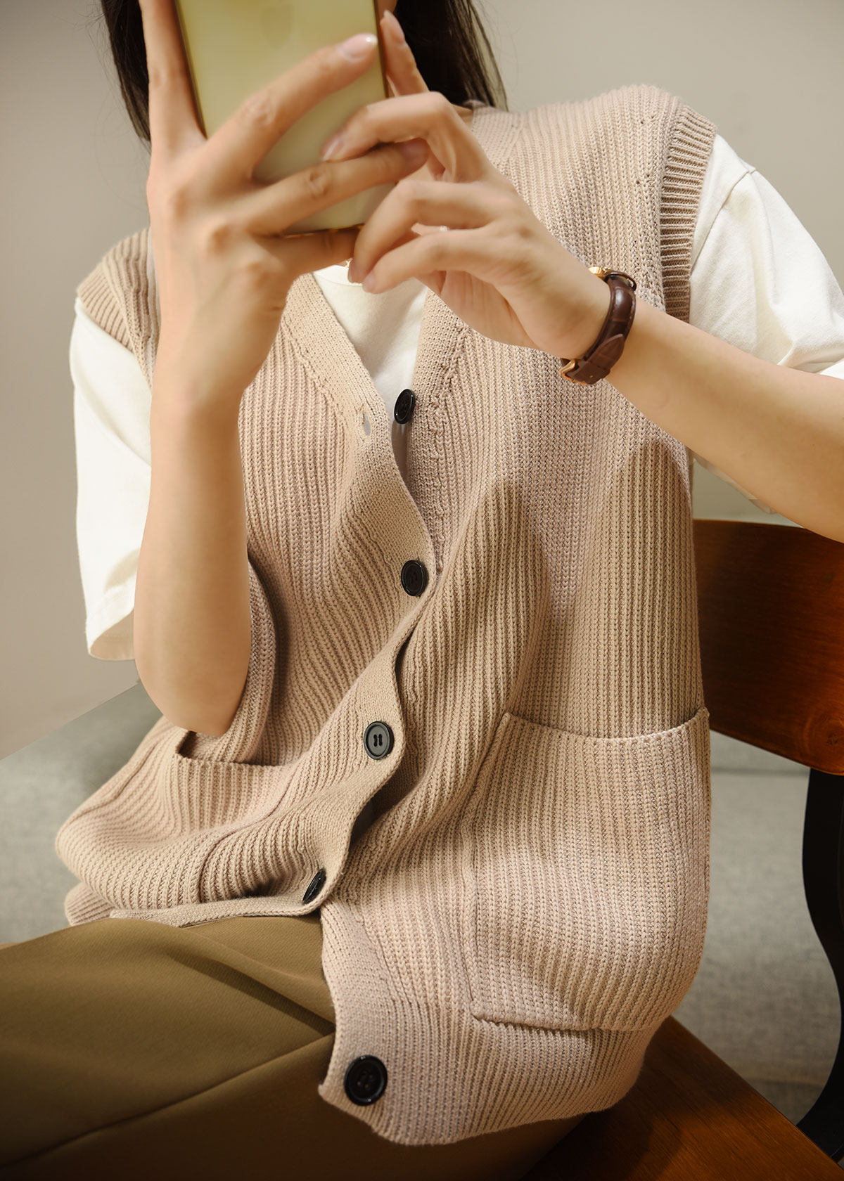 Женская жилетка 简约全棉针织马甲 女士全棉百搭v领开衫上衣 毛衣外套 马甲 秋款 OTHER