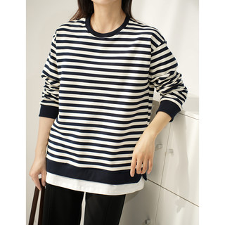 Combed cotton crew neck sweatshirt fake two piece striped long sleeves