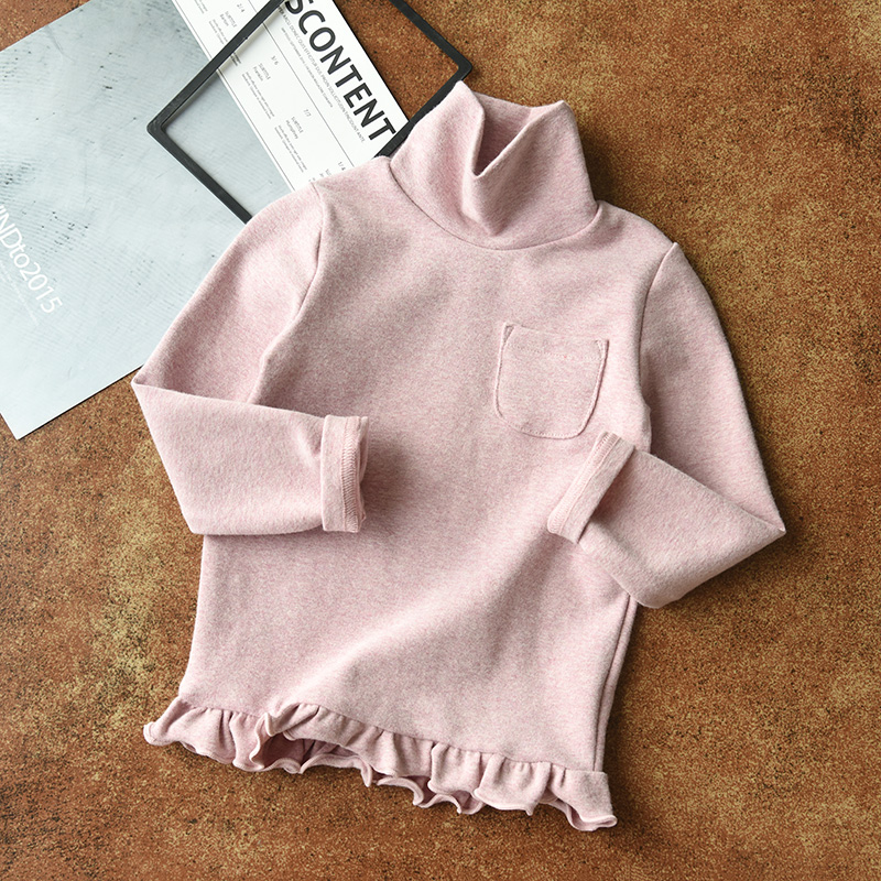 Hoa tai dày và mềm mịn của trẻ em Áo thun cotton cổ nửa màu Hoa tai cho bé gái Áo dài tay đáy dày áo thun dài tay thu đông